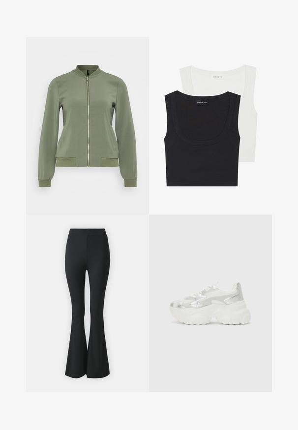 Lichtgroene bomberjack met een gladde stof, ribgebreide kraag en manchetten, een ritssluiting aan de voorkant en zijzakken met ribgebreide accenten.; Twee tanktops in zwart en wit, gemaakt van rekbaar materiaal. Beschikt over een ronde halslijn en gelijkmatige stiksels aan de randen. Merlabel zichtbaar.; Zwarte flared broeken van rekbare stof. Heeft een hoge tailleband en een gladde, aansluitende pasvorm die vanaf de knie uitloopt.; Zilveren sneaker met een gestructureerde mesh bovenkant en iriserende accenten, voorzien van een chunky witte zool en vetersluiting.