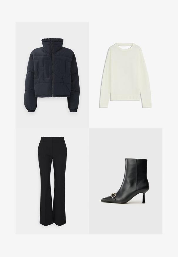 Schwarze, kürzere Puffjacke mit hohem Kragen, Frontreißverschluss, elastischen Bündchen und großen geprägten Buchstaben "FLU" auf der Brust.; Hellbeige Pullover mit Rundhalsausschnitt, langen Ärmeln, geripptem Saum und weicher Textur. Keine Muster oder sichtbaren Hardware-Details.; Schwarze plissierte Hose mit geradem Schnitt, aus einem glatten Stoff gefertigt. Sie hat einen hohen Bund und unsichtbare seitliche Taschen.; Schwarze Leder-Stiefelette mit spitzer Zehe, schlankem, mittelhohem Absatz und silberner Schnalle seitlich vor einem schlichten Hintergrund.