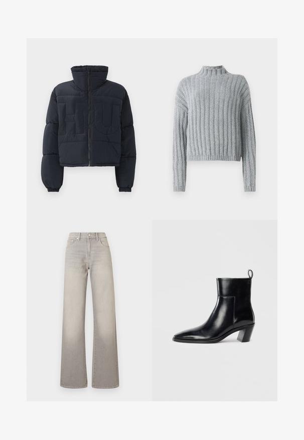Giubbotto invernale cropped nero con colletto alto, zip frontale, polsini elastici e grandi lettere in rilievo "FLU" trapuntate sul petto.; Maglione chunky grigio chiaro con motivo a costine, colletto alto, maniche lunghe e vestibilità leggermente cropped.; Camicia bianca a maniche lunghe con bottone in un morbido mix di cotone. Presenta un colletto classico, chiusura frontale con bottoni e polsini arrotondati.; Jeans grigi larghi con finitura sbiadita, chiusura con bottone, design a cinque tasche e cuciture decorative lungo le cuciture.; Stivale alla caviglia in pelle nera con punta affusolata, tacco geometrico impilato e nastro di presa sul retro. Texture liscia e design elegante.