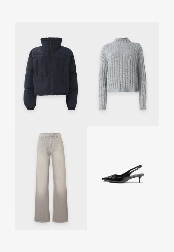 Doudoune courte noire avec col montant, fermeture éclair à l'avant, poignets élastiques et lettres en relief grandes et matelassées "FLU" sur la poitrine.; Pull en tricot épais gris clair avec un motif en côtes, col montant, manches longues et une coupe légèrement cropped.; Chemise blanche à manches longues, en mélange de coton lisse. Présente un col classique, une fermeture à boutons sur le devant et des poignets arrondis.; Jean large gris avec une finition délavée, fermeture à bouton, design à cinq poches et coutures conçues le long des coutures.; Escarpins slingback en cuir noir avec bout pointu, petit talon kitten et détail froncé sur le cou-de-pied. Texture lisse et design minimaliste.