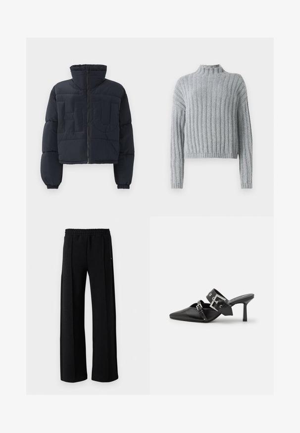 Black cropped puffer jacket with high collar, front zipper, elastic cuffs, and quilted large embossed letters "FLU" on the chest.; Light gray chunky knit sweater with ribbed pattern, mock neck, long sleeves, and a slightly cropped fit.; Black straight-leg pants with elastic waistband and subtle textured pattern throughout the fabric on a white background.; Black high-heeled mules with a pointed toe, made of smooth leather. Features a wide ankle strap with a square silver buckle and studs.