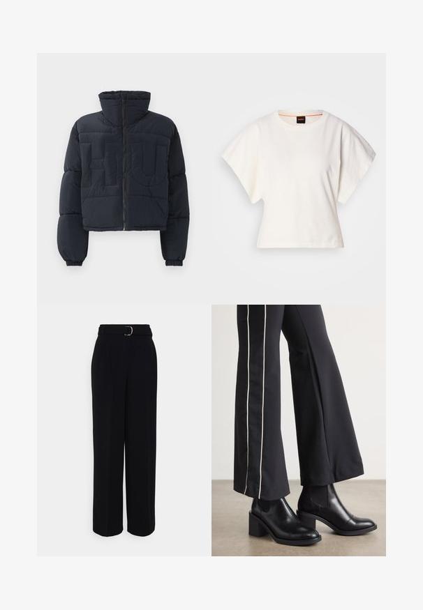 Musta lyhyt toppatakki korkealla kauluksella, etuvetoketjulla, joustavilla hihansuilla ja tikkauksella, jossa on suuret kohokuvioidut kirjaimet "FLU" rinnassa.; Valkoinen lyhythihainen t-paita, leveät lyhyet hihat, pehmeää puuvillamateriaalia, pyöreä pääntie jossa hienovarainen oranssi reunus, minimaalinen muotoilu, ei kuvioita tai graafisia elementtejä.; Mustat räätälöidyt housut, joissa on leveä lahkeensilhuetti, vyö hopeasoljella, laskokset ja sileä kankaan tekstuuri.; Mustat nahkasaappaat nilkkapituisilla, lohkareella, joissa on joustavat sivupaneelit. Yhdistetty mustiin housuihin, joissa on valkoinen sivuraita.