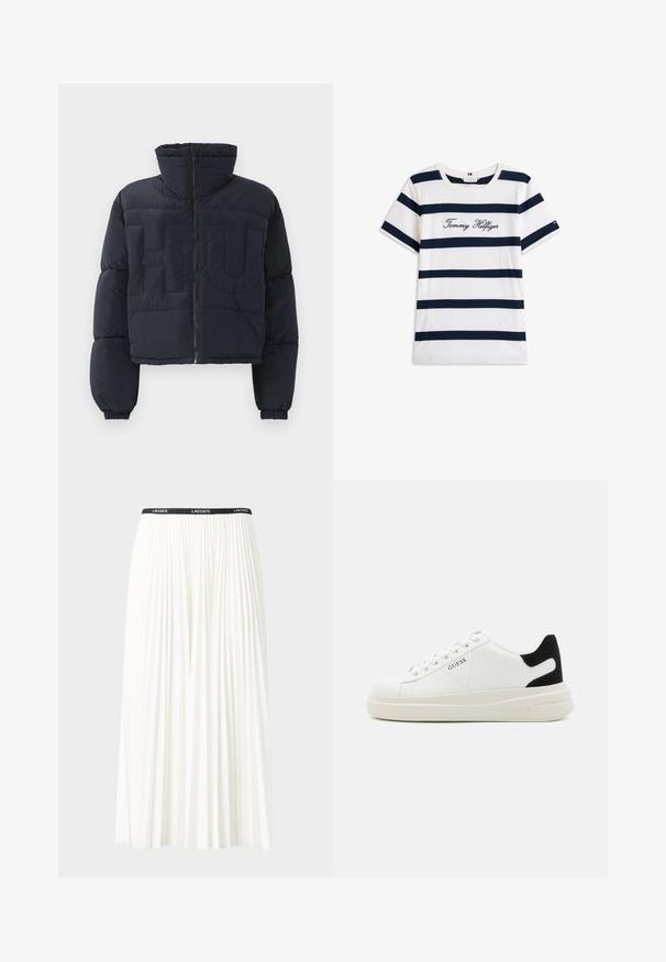 Zwarte cropped pufferjack met hoge kraag, rits aan de voorkant, elastische manchetten en grote gequilte reliëfletters "FLU" op de borst.; Katoenen T-shirt met horizontale marineblauwe strepen op een witte achtergrond. "Tommy Hilfiger" geborduurd in cursieve letters op de borst. Ronde hals.; Plisséminirok in het wit met een zwarte elastische tailleband met het "LACOSTE"-logo. Middellange ontwerp met een zachte textuur.; Witte leren sneakers met een dikke witte zool, zwarte suède hielaccent en een geperst logo op de zijkant. Vetersluiting met zes oogjes.