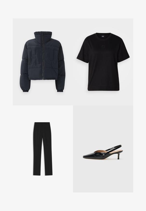 Czarna krótka kurtka puchowa z wysokim kołnierzem, zamkiem błyskawicznym z przodu, elastycznymi mankietami oraz pikowanymi dużymi wytłoczonymi literami "FLU" na klatce piersiowej.; Czarny bawełniany t-shirt z okrągłym dekoltem, krótkimi rękawami i haftowanym logo na piersi. Prosty, luźny krój bez wzorów.; Czarne spodnie o dopasowanym kroju z prostymi nogawkami, z przednimi kieszeniami i gładką, teksturowaną tkaniną. Schludne, minimalistyczne wykończenie.; Czarne lakierowane szpilki slingback o spiczastym nosku, z małym obcasem i wycięciem na wierzchu. Złote akcenty na boku.