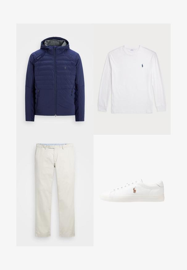 Granatowa pikowana kurtka z kapturem, zamek z przodu, kieszenie boczne na zamek, naszywka RLX na ramieniu oraz haftowane logo na piersi.; Biały t-shirt z długim rękawem wykonany z bawełny. Posiada okrągły dekolt, ściągacze przy mankietach oraz małe granatowe logo polo na lewej piersi.; Beżowe bawełniane chinosy z płaskim przodem, szlufkami na pasek i bocznymi kieszeniami. Prosty krój z gładką fakturą i lekkim, przewiewnym uczuciem.; Białe skórzane sneakersy, niskoprofilowy design, charakteryzujące się gładką fakturą, okrągłym noskiem, sznurowanym przodem i małym haftowanym logo z boku.