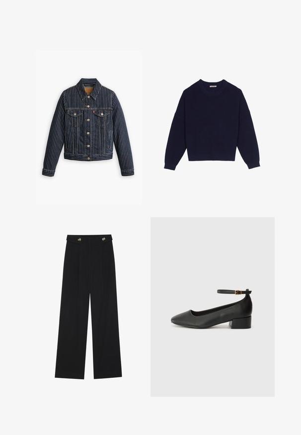 Mėlynas džinsinis švarkas su baltais vertikaliais raštais, mygtukų priekyje, dviem krūtinės kišenėmis ir apykakle. Siuvinėjimas matomas palei siūles.; Tamsiai mėlynas megztinis su raštuota struktūra, apvalia iškirpte, nuleistais pečiais ir sutrumpintu apvadu. Minkšta medžiaga ir ilgos rankovės.; Juodi plačios kojos kelnės su aukštu liemeniu, sagų detalėmis ant liemens ir priekinėmis raukšlėmis.; Juodas odinis aukštakulnis batelis su smailiu pirštu ir žemu bloku. Su kulkšnies dirželiu su auksinės spalvos sagtimi. Lygus paviršius.