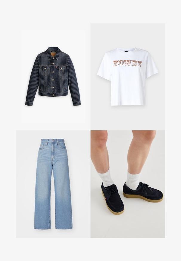 Μπλε τζάκετ από τζιν με λευκές κάθετες ρίγες, κουμπιά μπροστά, δύο τσέπες στο στήθος και γιακά. Ύφανση ορατή κατά μήκος των ραφών.; Λευκό βαμβακερό t-shirt με κοντά μανίκια και στρογγυλή λαιμόκοψη, με την επιγραφή "HOWDY" σε στυλιζαρισμένα καφέ γράμματα μπροστά.; Ανοιχτό μπλε ψηλόμεσα παντελόνια φαρδιές μπατζάκια με κλείσιμο μπροστά με κουμπί και φερμουάρ, μπροστά και πίσω τσέπες, σε λευκό φόντο.; Μπλε ναυτικό σουέτ παπούτσια με στρογγυλή μύτη, σχέδιο με κορδόνια και κρεμ καουτσούκ σόλα. Συνδυασμένα με λευκές ραβδωτές κάλτσες.