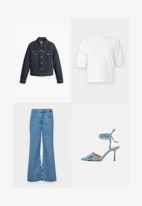 Zila džinsa jaka ar baltām vertikālām svītrām, pogu priekšpusē, divi krūšu kabatas un apkakle. Šuves ir redzamas gar šuvēm.; Balta kokvilnas t-kreklu ar īsām puff piedurknēm, ar nelieliem sudraba rotājumiem gar piedurknēm. Klasisks apaļš izgriezums, brīvā piegriezuma.; Gaiši zili, platā piegriezuma džinsi, kas izgatavoti no denima, ar augstu jostasvietu, piecām kabatām un vienu pogu. Mīksta tekstūra ar nolietotu apdari.; Zilnīšu augstpapēžu kurpes ar norādītu purngalu, izgatavotas no gaiši zilas auduma ar teksturētu apdari, ar loku akcentu un potītes siksniņu drošai piestiprināšanai.