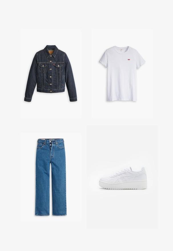 Modra kavbojka s belimi vertikalnimi črtami, spredaj na gumb, z dvema žepoma na prsih in ovratnikom. Šivi so vidni ob šivih.; Bela bombažna majica s kratkimi rokavi in okroglim izrezom. Ima majhen rdeč Levi's logo na levi strani prsnega predela.; Modre kavbojkaste hlače ravne kroja z visokim pasom, petimi žepi in gumbom za zapiranje. Opazno šivanje in zakovice v bakreni barvi.; Bela platform športna obutev z gladko usnjeno teksturo, perforiranimi detajli in ravnimi vezalkami; ima debel bel gumijast podplat.