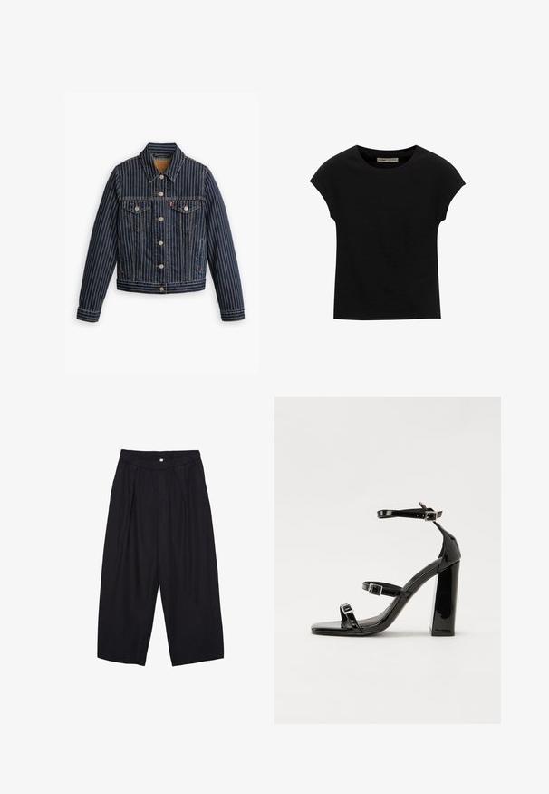 Blaue Jeansjacke mit weißen vertikalen Streifen, Knopfverschluss, zwei Brusttaschen und einem Kragen. Nähte sichtbar entlang der Säume.; Schwarzes Kurzarm-T-Shirt aus weichem Stoff, mit Rundhalsausschnitt und lockerer Passform, glatter Textur und ohne Muster.; Schwarze Polyester-Culotte mit einem elastischen Bund, zwei vorderen Falten und einer lockeren Silhouette. Keine sichtbaren Muster oder Hardware-Details.; Schwarze patentierte Sandalen mit Absatz, quadratischer Spitze, Knöchelriemen und silbernen Schnallen. Mit einem stabilen Blockabsatz für mehr Stabilität.