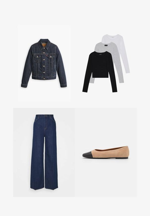Blå denimjacka med vita vertikala ränder, knappframsida, två bröstfickor och krage. Sömmen synlig längs sömmarna.; Tre långärmade tröjor staplade: svart, grå och vit. Var och en har en rund halsringning och en kort design med mjukt, lätt material.; Höga vida jeans i mörkblå denim med fram- och bakfickor, knäppning och synliga söm detaljer.; Beige mockasins med rund svart lädertå, låg klack och mjuk yta, med minimal sömnad och en ren design.