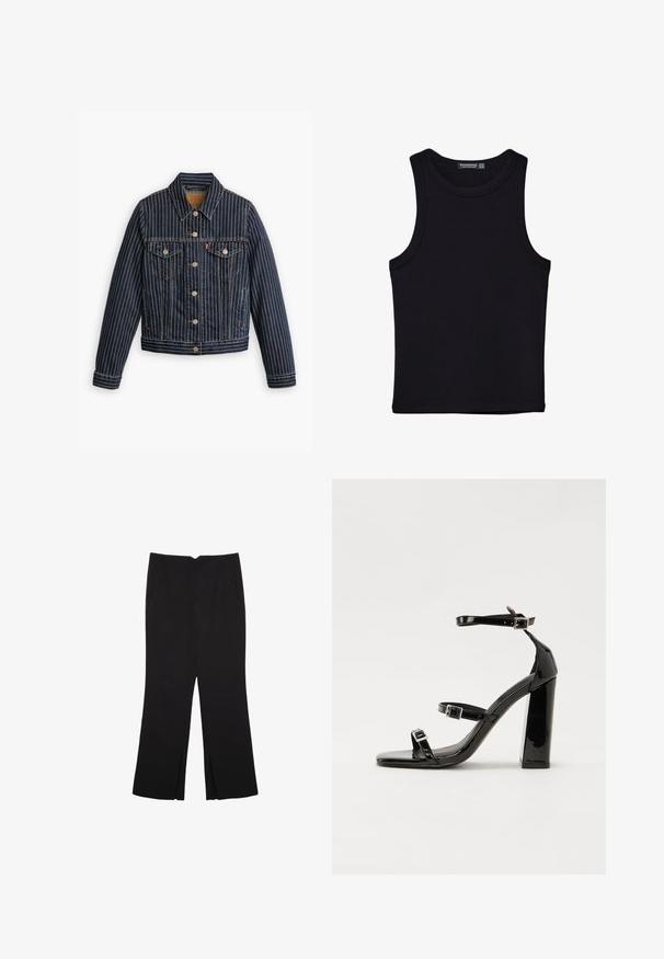Niebieska dżinsowa kurtka z białymi pionowymi paskami, z przodem na guziki, dwiema kieszeniami na piersi i kołnierzem. Widać szwy wzdłuż szwów.; Czarny top na ramionczkach wykonany z bawełny, z okrągłym dekoltem i szerokimi wycięciami na ramionach. Gładka tekstura z przeszytymi brzegami. Klasyczny, minimalistyczny design.; Czarne spodnie o prostym kroju, z przednimi kieszeniami i bocznymi rozcięciami na dole. Wykonane z miękkiego, gładkiego materiału. Odpowiednie na różne okazje.; Czarne lakierowane sandały na wysokim obcasie, z dwoma paskami zapinanymi na klamry, kwadratowy nosek i masywny obcas typu słupek, o gładkiej, błyszczącej fakturze.