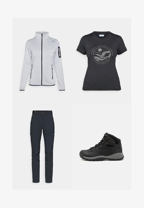 Helehall fleece-jakk, millel on kõrge krae, eesnepp, kaks küljetaskut ja tõmblukuga tasku vasakul käisel. Mustad aktsendid.; Musternine Columbia T-särk mustas värvuses, millel on valge ümmargune mägi ja jõe joonistus ning tekst "Columbia Sportswear Company Outside Since 1938."; Meeste välkpüksid, tumehallid, valmistatud paindlikest materjalidest, vöökohaga, tõmblukuga taskud ja tugevdatud õmblused.; Mustarjaline matkasaabas, millel on keskmine disain, tekstuuriga ülemine osa, hallid aktsendid ja vastupidav kummist põhi, millel on haardelugesid.