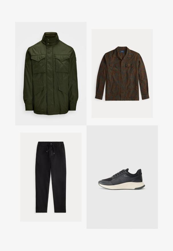 Casaco verde oliva de mangas longas com um colarinho alto, apresentando dois bolsos no peito e dois bolsos laterais; feito de material leve e suave.; Camisa de botão em verde escuro com um padrão paisley em vermelho e azul. Apresenta dois bolsos no peito e um colarinho com recorte. Mangas longas.; Calças pretas de corte descontraído com cintura elástica, cordão e bolsos frontais. Feitas de um tecido suave e leve.; Sapatilha atlética preta com parte superior em malha com perfurações, uma entressola texturizada em creme e uma sola de borracha para tração.
