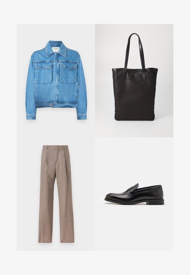 Blue denim jacket featuring a collared neck, long sleeves, two front pockets, and a button closure at the bottom. Smooth texture and classic design.; White long-sleeve button-up shirt made of cotton, featuring a chest pocket with tonal embroidery, a collar, and button cuffs.; Brown, high-waisted trousers made of textured fabric. Features wide legs and two front pleats for structure. Neat finish with no visible hardware.; Black leather loafers with a smooth texture, rounded toe, and a decorative strap across the vamp. Low stacked heel, minimalist design.; Black canvas tote bag with black leather handles. Simple design, spacious body, and a smooth texture. No visible logos or patterns.