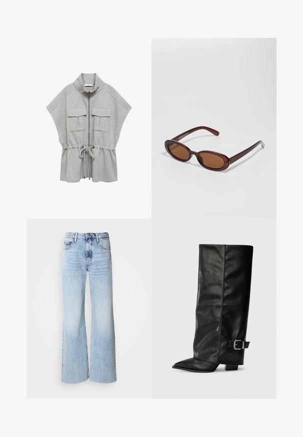 Siva zip-up jakna s visokim ovratnikom, kratkim rukavima, dva prednja džepa i naglašenim strukom. Mekani, teksturirani materijal.; Svijetloplavi dugih rukava pleteni pulover s širokim okruglim izrezom, jednostavnog stila, te rebrastim manžetama i donjim dijelom.; Svijetloplave široke traperice s izblijedjelim denim teksturom, visokim strukom i klasičnim dizajnom s pet džepova. Imaju zatvaranje na gumb i patentni zatvarač.; Crne kožne čizme do gležnja sa šiljastim vrhom, glatkom teksturom i srebrnim kopčanjem sa strane. Debela kvadratna peta.; Okvir okruglih, smeđkastih sunčanih naočala s sjajnim burgundskim okvirom. Uski nositelji s suptilnim brendiranjem. Ravna leća.; Casio kvarcni sat s pravokutnim srebrnim brojčanikom, zlatnim akcentima i metalnom narukvicom u dva tona, srebrnoj i zlatnoj. Vodootporna funkcija.