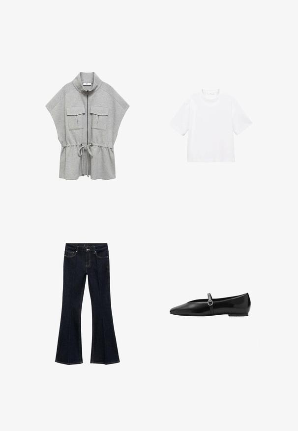 Šedá zateplená bunda na zips s vysokým golierom, krátkymi rukávmi, dvoma prednými vreckami a stiahnutým pásom. Mäkka, textúrová tkanina.; Biely bavlnený tričko s krátkym rukávom a okrúhlym výstrihom. Jednoduchý dizajn, voľný strih, hladká textúra. Žiadne vzory ani akcenty nie sú viditeľné.; Tmavomodré džínsy s vysokým pásom, prednými vreckami a rozšírenými nohavicami, vystavené na bielom pozadí.; Čierne kožené baletky s špicatou špičkou, so tenkým remienkom a dekoratívnou prackou, a nízkou plochou podrážkou.