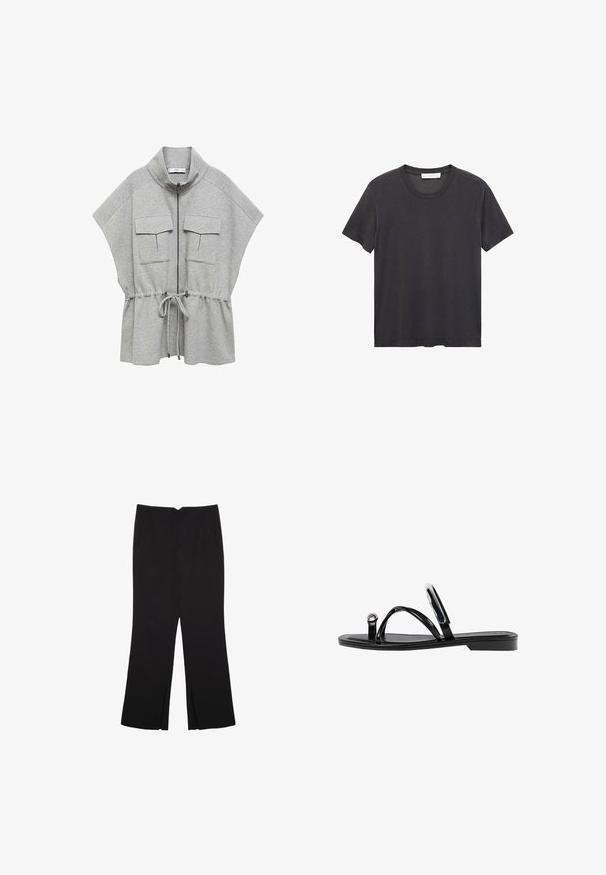 Siva zip-up jakna z visokim ovratnikom, kratkimi rokavi, dvema sprednjima žepoma in cinčenim pasom. Mehak, teksturiran material.; Črna majica s kratkimi rokavi in okroglo ovratnikom, izdelana iz mehkega bombaža. Ohlapen kroj, raven spodnji rob brez okrasnih elementov ali vzorcev.; Črne hlače ravnega kroja z naglavnimi žepi in stranskimi razporki na robu. Narejene iz mehke, gladke tkanine. Primerne za različne priložnosti.; Črne ravne sandale s sijajno končno obdelavo, tremi tankimi trakovi in okroglo kovinsko podrobnostjo na prstih. Elegantna zasnova z minimalnim peto.