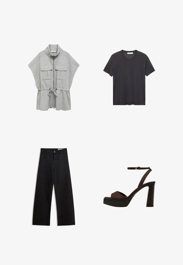 Grå zip-jacka med hög krage, korta ärmar, två framfickor och en cinchad midja. Mjuk, texturerad tyg.; Svart t-shirt med rund halsringning tillverkad av mjuk bomull. Korta ärmar, avslappnad passform och rak fåll utan utsmyckningar eller mönster.; Svarta vida denimbyxor med hög midja, med fram- och bakfickor, sydda sömmar och knappstängning. Slät textur.; Bruna mocka högklackade sandaler med öppen tå, justerbar vristrem och en randig plattformssula.