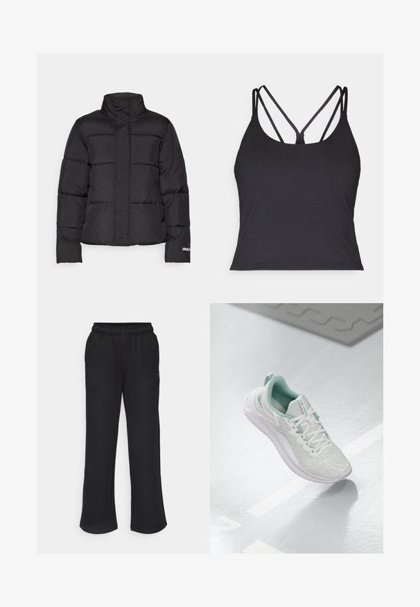 Černá péřová bunda s vysokým límcem, prošívanými panely, dvěma předními kapsami a bílým logem na rukávu.; Černé tílko s tenkými ramínky a křížovým designem na zádech. Vyrobeno z měkkého, elastického materiálu s přiléhavým střihem.; Černé tepláky s rozšířeným střihem, elastickým pasem a bočními kapsami. Vyrobené z měkké tkaniny bez viditelných vzorů nebo akcentů.; Světle šedá sportovní obuv s texturovaným pleteným svrškem, mátově zelenými akcenty, bílými tkaničkami, gumovou podrážkou a poutkem na patě.