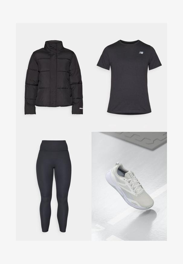 Doudoune noire avec un col montant, des panneaux cousus, deux poches avant et un accent logo blanc sur la manche.; T-shirt noir à manches courtes en tissu doux, avec un petit logo gris New Balance sur le côté gauche de la poitrine, design classique à col rond.; Leggings noires côtelées taille haute avec un design ajusté, une texture lisse et une coupe longue. Dotés d'une ceinture large pour un meilleur maintien.; Baskets blanches avec une tige en mesh, une languette rembourrée et une semelle en caoutchouc blanche. Les accents notables comprennent des détails gris clair et une languette de traction.