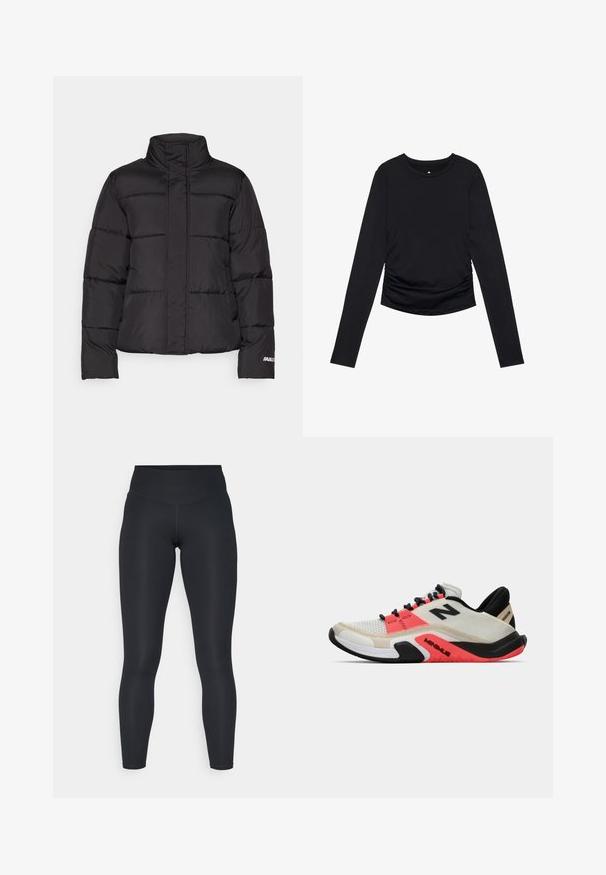 Schwarze Pufferjacke mit hohem Kragen, gesteppten Panele, zwei Fronttaschen und einem weißen Logoakzent am Ärmel.; Schwarzes langärmliges Oberteil mit rundem Ausschnitt und Raffung an den Seiten, präsentiert vor einem schlichten weißen Hintergrund.; Schwarze Leggings aus dehnbarem Stoff, mit hohem Taillenbund, glatter Textur und figurbetontem Schnitt. Keine sichtbaren Muster oder Hardware.; New Balance MINIMUS TR - Trainingsschuh - sea salt