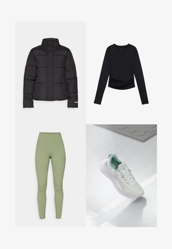 Svart boblejakke med høy krage, sømmede paneler, to frontlommer og en hvit logo på ermet.; Svart langermet topp med rund hals og innsamlet detaljering på sidene, vist mot en ensfarget hvit bakgrunn.; Høyt midjebukser i olivengrønn. Laget av elastisk stoff med en glatt tekstur, med sydd sømmer langs bena.; Lys grå idrettssko med en teksturert strikket overdel, mintgrønne detaljer, hvite snøringer, gummisåle og en løftestropp på hælen.