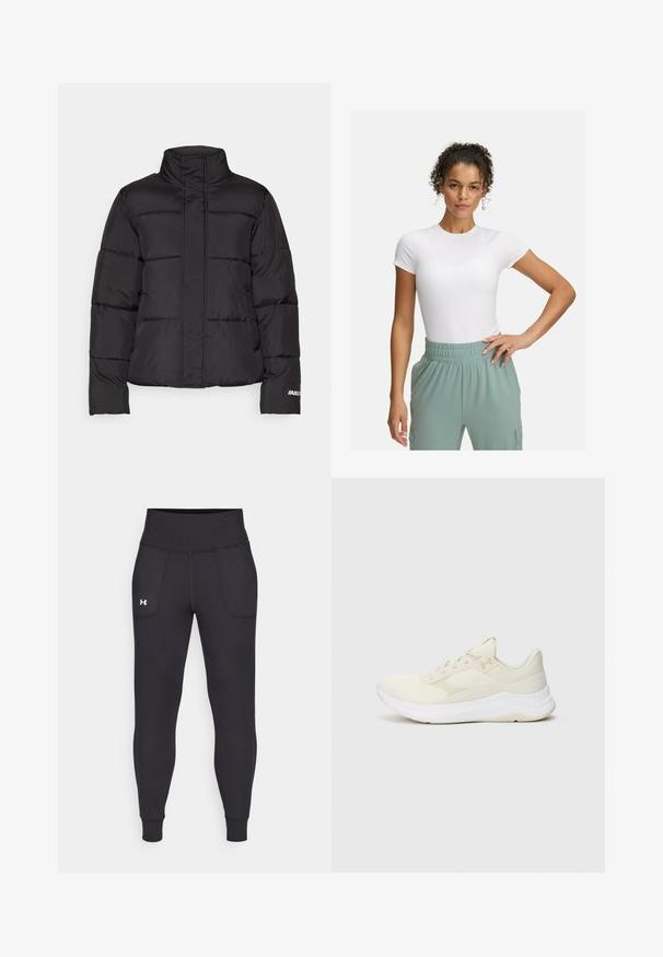Mustapufferi takki, jossa on korkea kaulus, ommellut paneelit, kaksi etutaskua ja valkoinen logo korostus hihassa.; Valkoinen muotoiltu t-paita lyhyillä hihoilla, yhdistettynä vaaleanvihreisiin joustaviin vyötäröhousuihin. Sileä pinta, minimalistinen muotoilu ja ei näkyviä kuvioita.; Mustat urheiluhousut, jotka on valmistettu venyvästä materiaalista. Niissä on korkea vyötärö, sivutaskut ja tiukat lahkeensuuthteet.; Valkoiset urheilukengät, jotka on valmistettu verkkokankaasta ja synteettisistä materiaaleista. Niissä on teksturoitu päällinen, pehmustettu pohja ja hillitty brändäys.