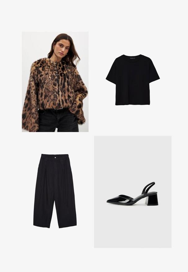 Faux fur cropped jakke med leopardmønster, der har lange, vida ærmer og en blød, tekstureret overflade i brune og sorte nuancer.; Sort kortærmet T-shirt lavet af bomuld. Har rund hals og en løs pasform med en glat, ensfarvet tekstur. Ingen synlige mønstre eller detaljer.; Sorte polyester culotte bukser med elastisk talje, to forpiber og en løs silhuet. Ingen synlige mønstre eller hardware detaljer.; Sorte patentlæder slingback hæle med spids tå og en geometrisk blok hæl. Har et elegant, minimalistisk design og en glat tekstur.