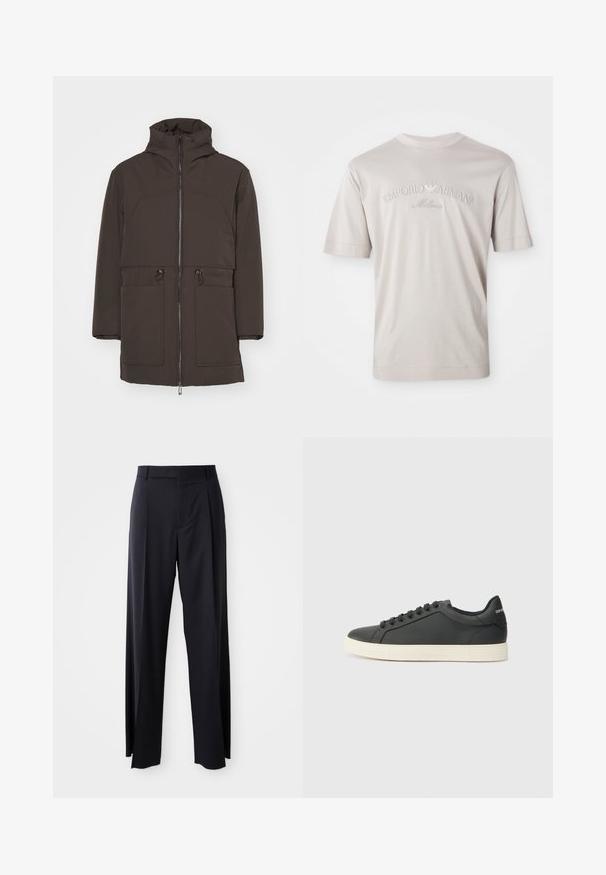 Emporio Armani GIACCA PIUMINO - Μπουφάν με πούπουλα - verde militare; Απαλή, ανοιχτού μπεζ κοντομάνικη μπλούζα φτιαγμένη από μαλακό ύφασμα, με κεντημένο λογότυπο "Emporio Armani Milano" σε ελαφρώς πιο σκούρο τόνο.; Μαύρο παντελόνι ψηλόμεσο με φαρδιά γραμμή, κατασκευασμένο από απαλό ύφασμα. Διαθέτει πιέτες εμπρός και θηλιές ζώνης. Μινιμαλιστικός σχεδιασμός, χωρίς ορατά αξεσουάρ.; Μαύρο δερμάτινο αθλητικό παπούτσι με χαμηλό προφίλ, στρογγυλή μύτη και κλείσιμο με κορδόνια. Διαθέτει υφή ελαστική σόλα και λεπτομέρεια λογότυπου στη φτέρνα.