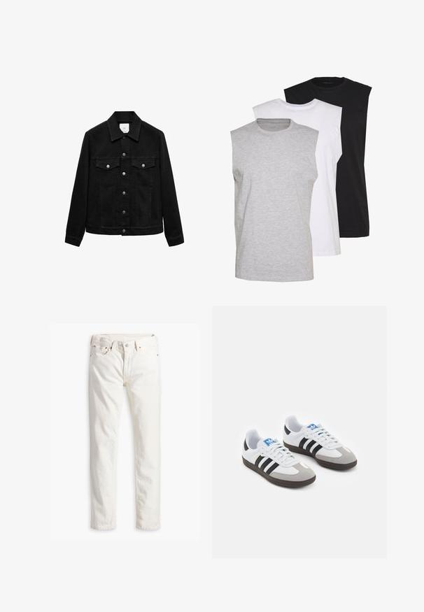 Schwarze Jeansjacke mit strukturiertem Kragen, vorderem Knopfverschluss, doppelten Brusttaschen mit Klappen und silbernen Hardware-Details.; Drei ärmellose T-Shirts in Grau, Weiß und Schwarz. Weiches Baumwollmaterial mit Rundhalsausschnitt und lockerer Passform. Einfaches Design, keine Muster.; Weiße Jeans im geraden Schnitt, fünf Taschen, Kupferknopf und Nieten sowie einem dezent strukturierten Stoff. Keine sichtbaren Muster.; Sportschuhe mit einem Obermaterial aus weißem Leder, grauer Wildleder-Zehenkappe und drei schwarzen Streifen. Sie verfügen über ein blaues Logo auf der Zunge und eine strukturierte Gummisohle.