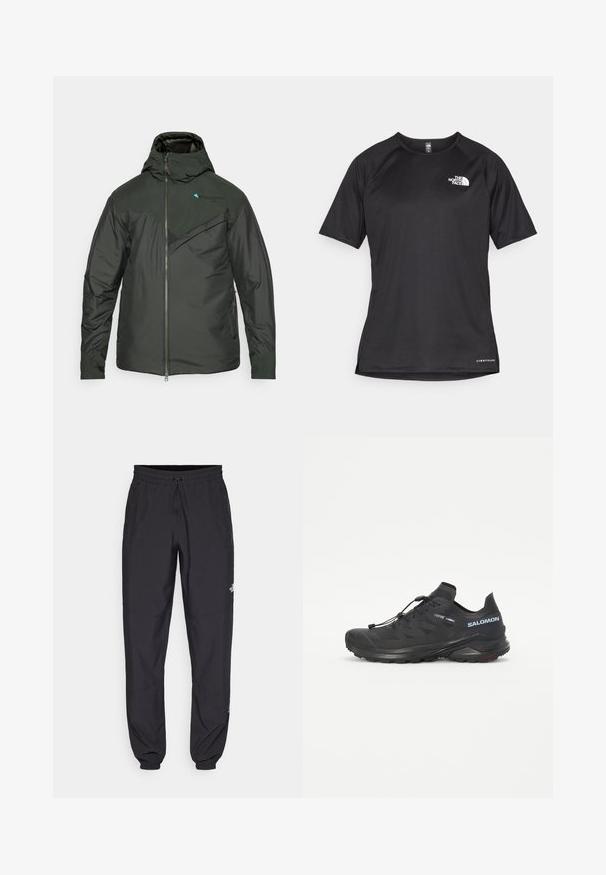Temno zelena podložena jakna s kapuco, s sprednjim zadrgo, teksturiranim prednjim delom in kontrastnimi detajli na ramenih ter logotipom.; Črna kratko rokavna športna majica iz teksturirane tkanine, z belim logotipom na levem prsnem delu in ravnim robom.; Črne atletske hlače iz lahkega materiala, ki imajo elastični pas z vezalko, stranske žepe in zožene manšete na gležnjih.; Črne tekaške čevlje za terene z teksturiranim zgornjim delom, elastičnimi vezalkami in Contagrip podplatom. Imajo udoben prileganje in zaščitni kapica za prste.