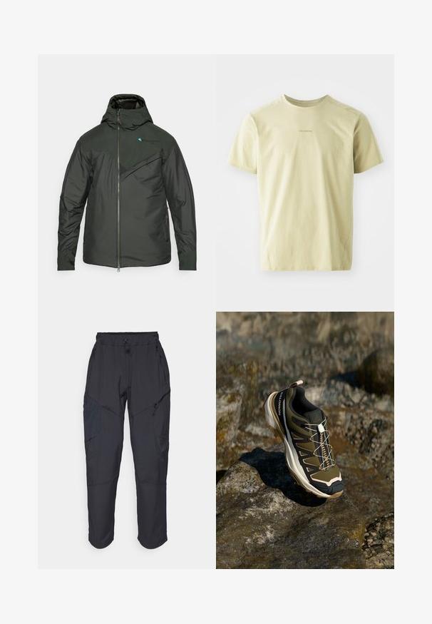 Ciemnozielona ocieplana kurtka z kapturem, z zapinaniem na zamek z przodu, teksturowanym panelem na klatce piersiowej oraz kontrastującymi akcentami na ramionach i logo.; Salomon - Koszulka sportowa; Czarne spodnie cargo wykonane z lekkiego, wodoodpornego materiału; posiadają elastyczny pas, liczne kieszenie zapinane na zamek oraz zwężane nogawki.; Buty trekkingowe w oliwkowym zielonym i czarnym kolorze z różowymi akcentami. Posiadają teksturowaną górę, elastyczną podeszwę, wzmocniony czubek oraz kolorowy system sznurowania.