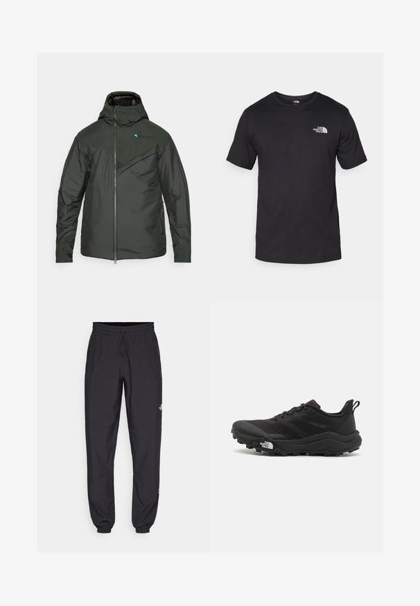 Tumši zaļš pildīts samta apģērbs ar kapuci, ar rāvējslēdzēju priekšpusē, teksturētu krūšu paneļa un kontrastējošiem akcentiem uz pleciem un logo.; Melna īsām piedurknēm T-krekls, kas izgatavots no kokvilnas, ar apaļu dekoltē un nelielu baltu logotipu augšējā kreisajā krūtīs.; Melni sporta bikses, kas izgatavotas no viegla auduma, ar savelcamu jostu, sānu kabatām un sašaurinātiem apakšējiem galiem pie potītēm.; Melnas taku skriešanas kurpes ar teksturētu virsu, gumijas zoli un pastiprinātu pirkstu daļu. Aprīkotas ar mīkstu apkakli un vilkšanas cilpu, lai viegli uzvilktu.