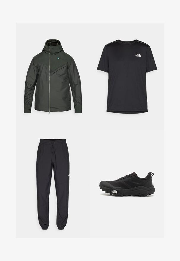 Tumši zaļš pildīts samta apģērbs ar kapuci, ar rāvējslēdzēju priekšpusē, teksturētu krūšu paneļa un kontrastējošiem akcentiem uz pleciem un logo.; Melnas īsām piedurknēm T-kreklas, izgatavots no viegla auduma. Uz kreisā krūtīm ir neliels balts logo un smalki plecu akcenti.; Melni sporta bikses, kas izgatavotas no viegla auduma, ar savelcamu jostu, sānu kabatām un sašaurinātiem apakšējiem galiem pie potītēm.; Melnas taku skriešanas kurpes ar teksturētu virsu, gumijas zoli un pastiprinātu pirkstu daļu. Aprīkotas ar mīkstu apkakli un vilkšanas cilpu, lai viegli uzvilktu.