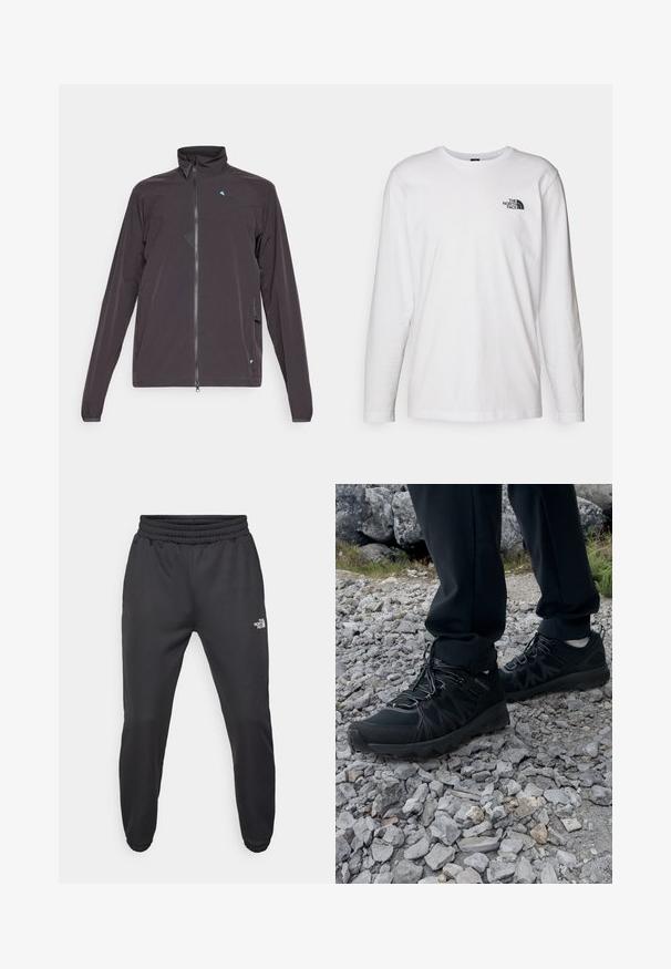 Veste gris foncé avec un col haut, des manches longues, une fermeture éclair à l'avant et un accent triangulaire bleu sur la poitrine. Elle est dotée de poches latérales.; T-shirt blanc à manches longues en coton avec un col rond. Présente un petit logo noir sur la poitrine. Texture lisse, coupe régulière.; Pantalons de survêtement noirs avec une taille à cordon de serrage, coupe fuselée, poignets élastiques et un petit logo blanc sur la cuisse gauche, fabriqués en tissu lisse.; Chaussures d'extérieur noires en matériau synthétique et en maille, présentant une tige texturée, un système de lacets sécurisé et une semelle extérieure robuste, sur un terrain rocailleux.