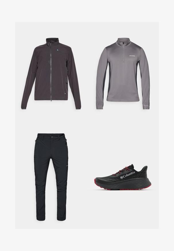 Tamno siva jakna s visokim ovratnikom, dugim rukavima, prednjim zatvaračem i trokutastim plavim naglaskom na prsima. Ima bočne džepove.; Sivi pulover dugih rukava s polu zatvaračem, teksturirana tkanina, kontrastni crni bočni paneli i mali logotip na prsima.; Crne vanjske hlače ravnog kroja, s džepovima na zip, petljama za remen i laganom, izdržljivom teksturom tkanine.; Crne sportske cipele s teksturiranim gornjim dijelom, crvenim vezicama i logom. Debeli đon s uzorkom za prianjanje. Minimalistički dizajn, bočni prikaz.