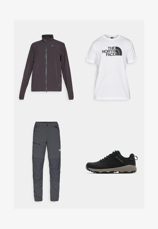 Ciemnoszara kurtka z wysokim kołnierzem, długimi rękawami, zamkiem z przodu oraz trójkątnym akcentem w kolorze niebieskim na klatce piersiowej. Posiada kieszenie boczne.; Biała bawełniana koszulka z czarnym nadrukiem graficznym, z tekstem i zakrzywionym logo. Okrągły dekolt i krótki rękaw. Gładka faktura.; Szare spodnie zewnętrzne o gładkiej teksturze, z boczną kieszenią na zamek, wzmocnionymi częściami kolan oraz delikatnym detalem z logo.; Czarne buty trekkingowe z gładką cholewką, perforowanym wzorem, szarym podeszwą oraz wzmocnionym obcasem. Wyposażone w sznurowadła oraz pętelkę umożliwiającą łatwe zakładanie.