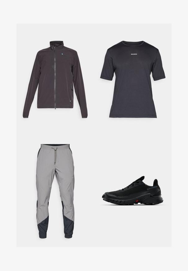 Sötétszürke dzseki magas gallérral, hosszú ujjakkal, elöl cipzáros záródással és kék háromszög alakú díszítéssel a mellrészen. Oldalsó zsebekkel rendelkezik.; Fekete rövid ujjú teljesítmény póló lélegző anyagból, kerek nyakkivágással és apró fehér "SALOMON" logóval a mellen.; Könnyű, szürke sportnadrág fekete részletekkel. Rugalmas derékpánt, zsinóros zárás, szabott lábszár kialakítás és oldalsó zsebek.; Fekete sportcipők texturált felsőrésszel, lekerekített orral és kiemelkedő gumitalppal. Az oldalon logó található, a talp pedig vörös díszítéssel rendelkezik.