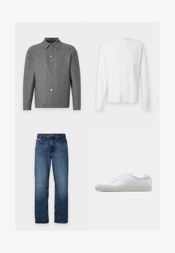 Szara długa koszula z długim rękawem, zapinana na guziki, z ostrym kołnierzykiem i metalowymi zatrzaskami z przodu, zaprezentowana na białym tle.; Biała, bawełniana koszula z długim rękawem, okrągłym dekoltem, bocznymi rozcięciami na dole oraz gładką fakturą, wyeksponowana z tyłu.; Niebieskie dżinsy z prostą nogawką. Posiadają wyblakłe obszary oraz lekkie przetarcia na przodzie, z klasycznym zapięciem na guzik.; Białe sneakersy z gładką skórzaną cholewką i niskim profilem. Posiadają okrągły nos, sześć dziurek na sznurówki oraz teksturowaną gumową podeszwę.