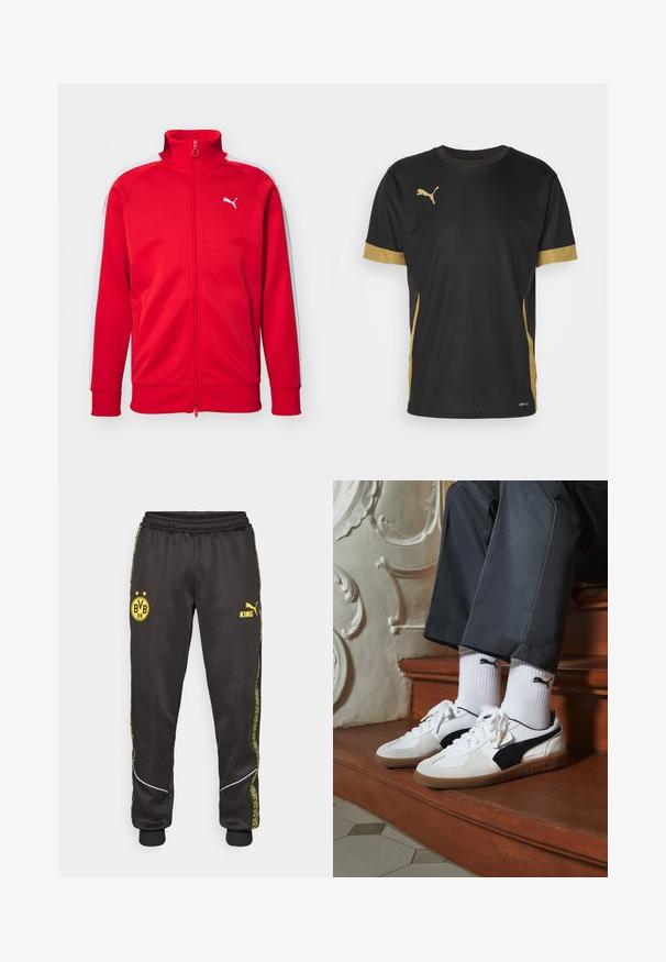 Rød zip-up treningsjakke med høy krage, hvite sidestreker, ribbede mansjetter og en liten hvit logo på brystet. Glatt stoffstruktur.; Svart treningst-skjorte med gulldetaljer på ermene og siden. Har rund hals, korte ermer og fukttransporterende DRYCELL-stoff.; Svarte treningsbukser med gule Borussia Dortmund BVB 09 og Puma King-logoer, elastisk liv, og mønstrede gule sidestriper.; Puma-sneakers i hvitt og svart semsket skinn, med en brun gummisåle. Kombinert med hvite sokker med en svart logo, båret med mørke bukser.