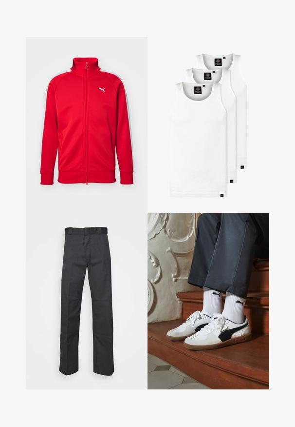 Rode ritsjack met hoge kraag, witte zijstrepen, geribbelde manchetten en een klein wit logo op de borst. Glad textuur van de stof.; Drie witte geribde tanktops van katoen. Kenmerken zijn een ronde hals en kleine zwarte labels nabij de zoom. Verkrijgbaar in meerdere maten.; Zwarte broek van duurzaam materiaal, met een rechte pijpdesign, een tailleband met riemlussen en naden voor extra textuur.; Puma sneakers in wit en zwart suède, met een bruine rubberen zool. Gecombineerd met witte sokken met een zwart logo, gedragen met donkere broek.