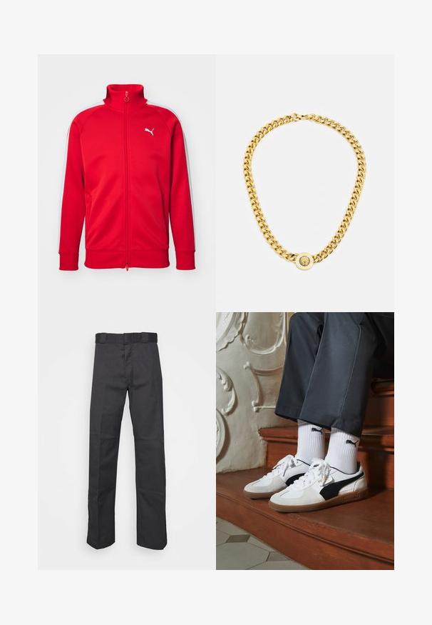 Roter Zip-Up-Trackjacke mit hohem Kragen, weißen Seitenstreifen, gerippten Bündchen und einem kleinen weißen Logo auf der Brust. Glatte Stoffqualität.; Weißes T-Shirt mit kurzen Ärmeln aus Baumwolle, mit Rundhalsausschnitt und glatter Textur, gerader Schnitt und ohne Muster.; Schwarze Hose aus strapazierfähigem Material, mit geradem Bein, einem Bund mit Gürtelschlaufen und Nähten für zusätzlichen Textur.; Puma-Sneaker aus weißem und schwarzem Wildleder mit einer braunen Gummisohle. Kombiniert mit weißen Socken, die ein schwarzes Logo zeigen, getragen zu dunklen Hosen.; Goldene Kettenhalskette mit großen miteinander verbundenen Gliedern, mit einem kreisförmigen Anhänger in der Mitte, der ein erhabenes Emblem zeigt.