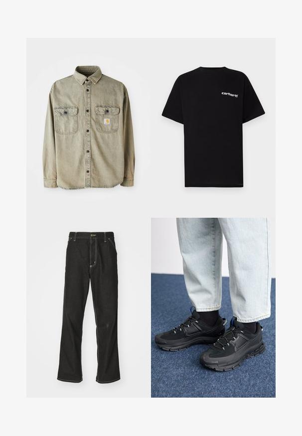 Camisa de manga longa em algodão verde oliva desbotado. Possui dois bolsos no peito, botões pretos e um rótulo estampado no bolso esquerdo.; T-shirt preta de algodão com mangas curtas, decote redondo e logótipo branco "Carhartt" no peito esquerdo. Textura suave, design minimalista.; Calças de ganga pretas de corte largo, com costuras brancas em contraste, fecho de botão e design de perna reta.; Sapatilhas desportivas pretas com tecido texturizado e solas em borracha, apresentando atacadores elásticos e um detalhe azul no calcanhar. Usadas com calças de ganga claras.