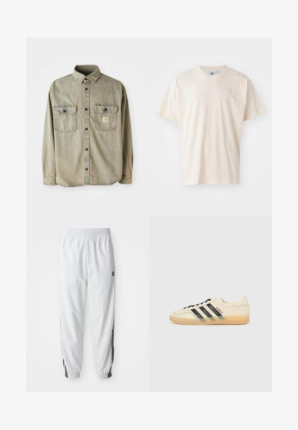 Garā piedurkne krekls izbalējušā olīvzaļā kokvilnā. Iekļauj divas krūšu kabatas, melnus pogas un rakstainu etiķeti kreisajā kabatā.; Krēma krāsas kokvilnas T-krekls ar apaļu kakla izgriezumu un īsām piedurknēm; tam ir neliels, gaišas krāsas logo uz krūtīm.; Baltas sporta bikses ar melnām sānu svītrām, elastīga vidukļa josla un rokai; uz kreisā augšstilba atrodas Adidas logs. Gluda auduma tekstūra.; Gaiši krēms sporta apavi ar melnu trīs svītru dizainu, teksturētu augšējo daļu, noapaļotu purngaliem un gumijas zoli. Iespējas ietver auklas un zīmolu sānos.