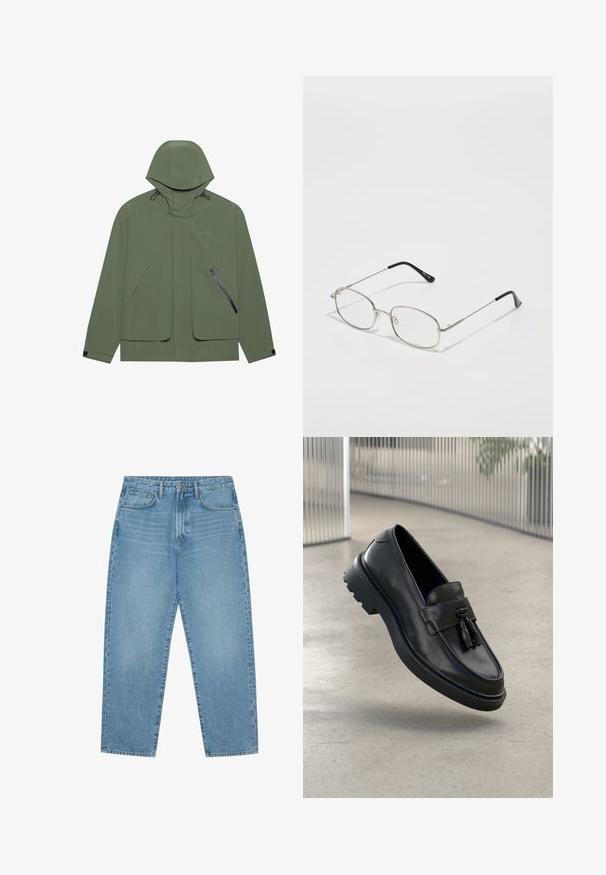 Zöld vízálló dzseki kapucnival, nagy elülső zsebekkel, cipzáras oldalzsebbel és állítható húzózsinórokkal. Sima textúra.; Öt fekete, fehér és tengerészkék póló készlet. Pamut anyag, rövid ujjak, kerek nyakú dizájn és sima textúra minták nélkül.; Világoskék farmernadrág egyenes szárú vágással, ötzsebes kialakítással és enyhén kifakult textúrával. Gombos és cipzáras záródással rendelkezik.; Fekete bőrből készült mokaszinok sima felülettel, díszes bojttal, vastag gumitalppal és varrott részletekkel. Könnyű és elegáns kialakítás.; Fém szemüveg, ovális kerettel, ezüst keretekkel és tiszta lencsékkel. Hosszú, egyenes szárak fekete végzettel, minimális dizájn.