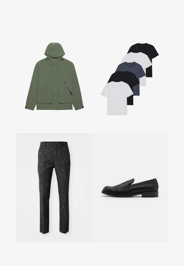Πράσινο αδιάβροχο μπουφάν με κουκούλα, που διαθέτει μεγάλα μπροστινά τσέπες, μια τσέπη με φερμουάρ στο πλάι και ρυθμιζόμενα κορδόνια. Λείος υφή.; Σύνολο πέντε μπλουζών σε μαύρο, λευκό και ναυτικό μπλε. Βαμβακερό ύφασμα, κοντό μανίκι, σχέδιο με στρογγυλή λαιμόκοψη και απλή υφή χωρίς σχέδια.; Σκούρες γκρι παντελόνες με ανάγλυφο λουλουδάτο μοτίβο, κανονική εφαρμογή, ίσια πόδια και λεία υφή. Διαθέτουν τυπική ζώνη μέσης.; Μαύρα δερμάτινα λοφράκια με απαλή επιφάνεια, στρογγυλή μύτη και μικρό διακοσμητικό καπάκι. Διαθέτουν χαμηλό ψηλό τακούνι και διακριτική λεπτομέρεια σήμανσης.