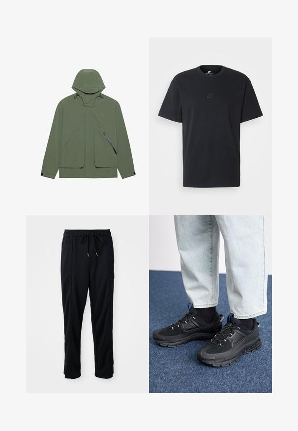 Zöld vízálló dzseki kapucnival, nagy elülső zsebekkel, cipzáras oldalzsebbel és állítható húzózsinórokkal. Sima textúra.; Fekete pamut póló Nike márkájú, klasszikus, kerek nyakú, rövid ujjú, és letisztult, dombornyomott logóval a mellkason. Simább textúra.; Fekete húzózsinóros, kényelmes nadrág oldalsó varrású zsebekkel és egyenes szabással, egyszínű háttéren.; Fekete sportcipők texturált anyaggal és gumitalppal, elasztikus fűzőkkel és kék kiegészítővel a saroknál. Világos farmernadrággal viselve.