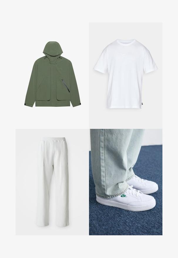 Green waterproof jacket with a hood, featuring large front pockets, a zippered side pocket, and adjustable drawstrings. Smooth texture.; White cotton t-shirt with short sleeves and a round neck. Features a small, subtle Nike logo on the chest and a side label.; White casual pants with an elastic waistband and large front patch pockets, displayed on a plain light background.; White leather sneakers with green Nike logo, round toe, flat sole, paired with light blue denim pants, shown on a blue carpet.