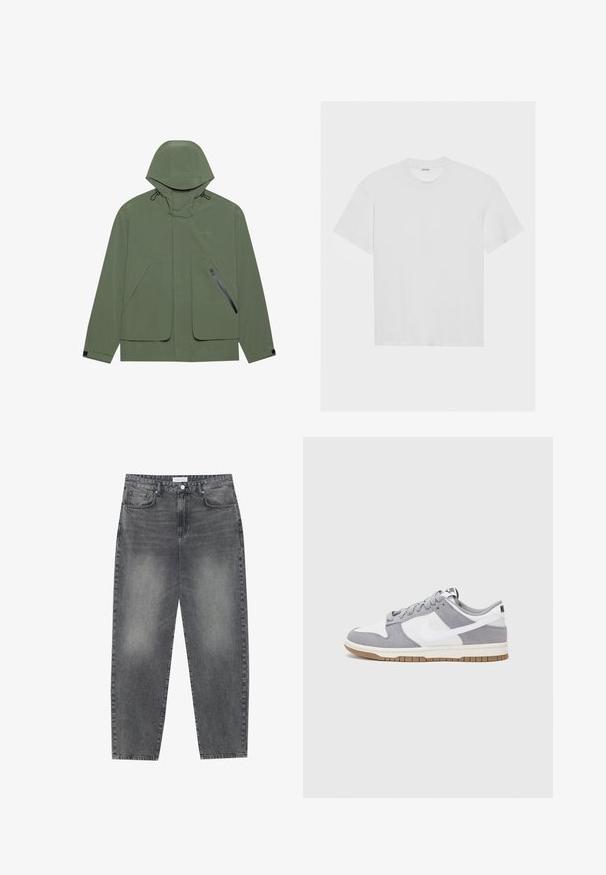 Veste imperméable verte avec capuche, dotée de grandes poches avant, d'une poche latérale zippée et de cordons de serrage réglables. Texture lisse.; T-shirt en coton blanc à manches courtes, col rond et coupe décontractée. Texture lisse et sans motifs ni accents visibles.; Jean taille haute, décontracté en denim noir délavé. Comprend cinq poches, des passants de ceinture et un design de jambe droite épurée.; Baskets grises et blanches avec un dessus en suède et cuir, bout rond, lacets plats et semelle en caoutchouc avec une touche de gomme.